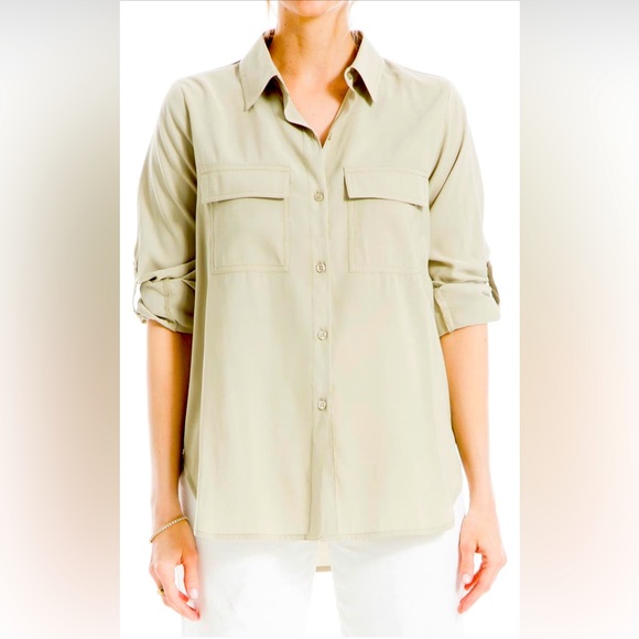 NWT Max Studio Utility Button Front Blouse in Sage SMALL - Picture 1 of 8